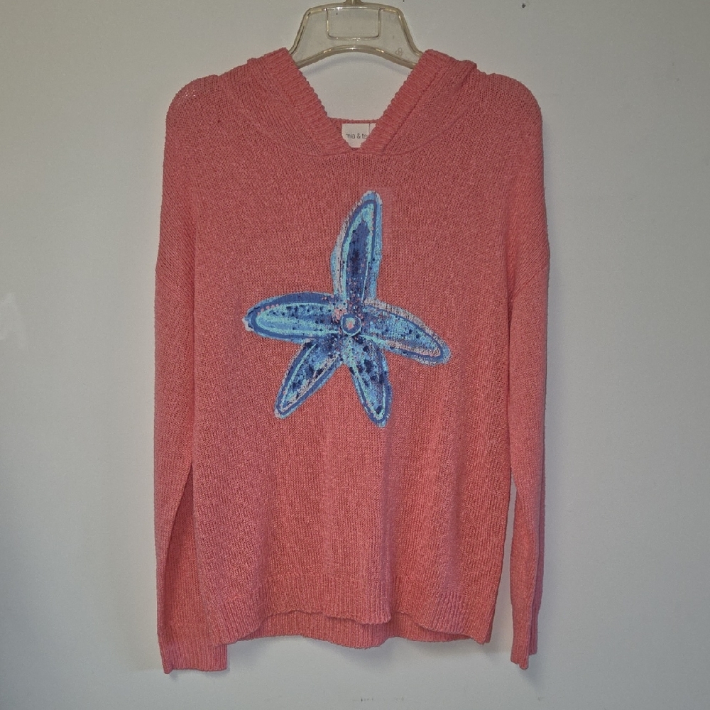 Pink Hooded Sweater with Blue Starfish Design